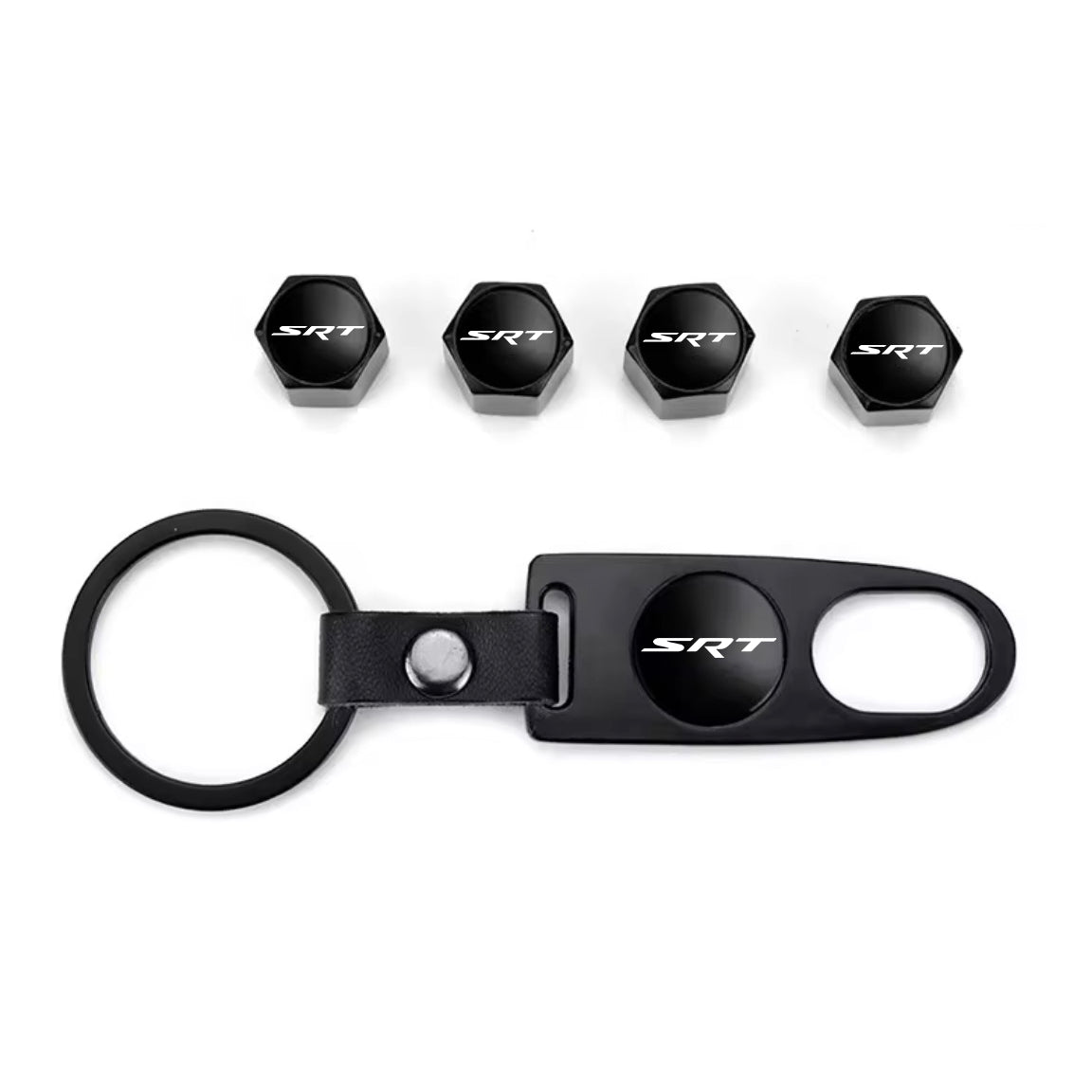 SRT Black Keychain & Tire Valve Cap Set Zinc Alloy Black Caps Kit