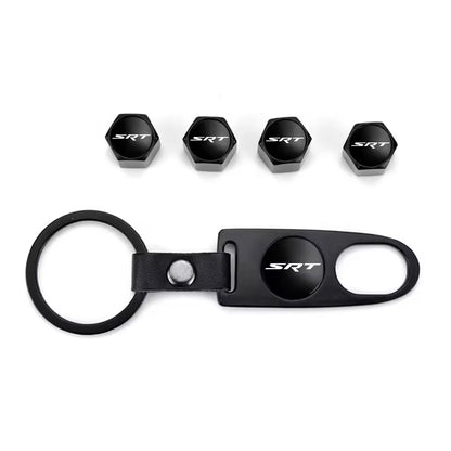 SRT Black Keychain & Tire Valve Cap Set Zinc Alloy Black Caps Kit