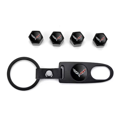 C7 Corvette Black Keychain & Tire Valve Caps Set Zinc Alloy Black Cap Kit