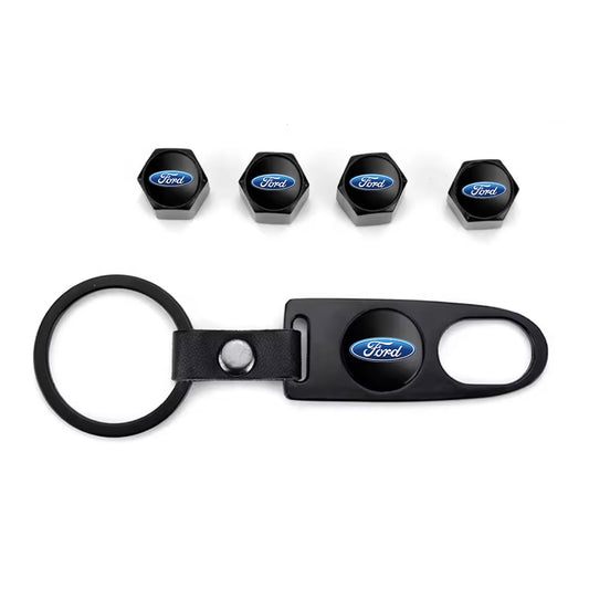 Ford Black Keychain & Tire Valve Caps Set Zinc Alloy Black Cap Kit