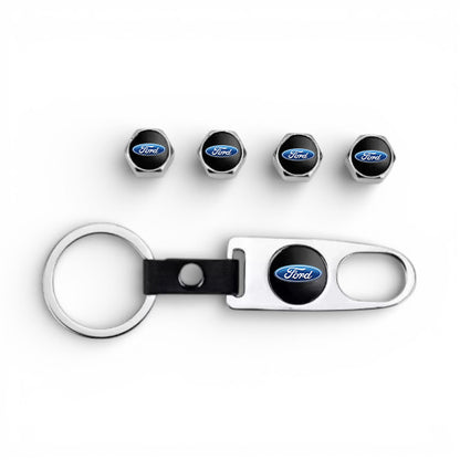 Ford Silver Keychain & Tire Valve Caps Set Zinc Alloy Chrome Cap Kit