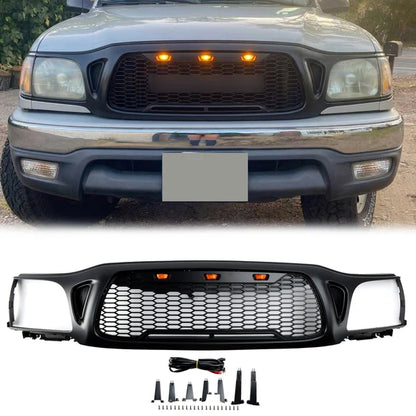 2001-2004 Toyota Tacoma Honeycomb Front Bumper Grill Replacement Black Grille W/ Letter & LED