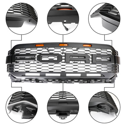 Aftermarket Raptor Style Matte Black Front Grille w/ LED for Ford F-150 2021–2023