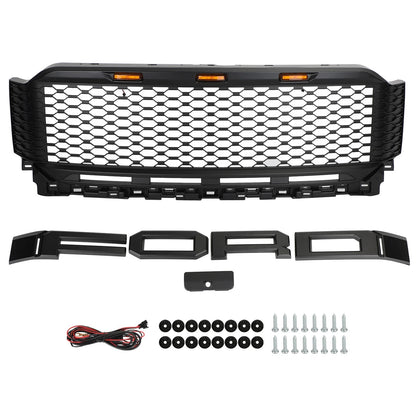 Aftermarket Raptor Style Matte Black Front Grille w/ LED for Ford F-150 2021–2023