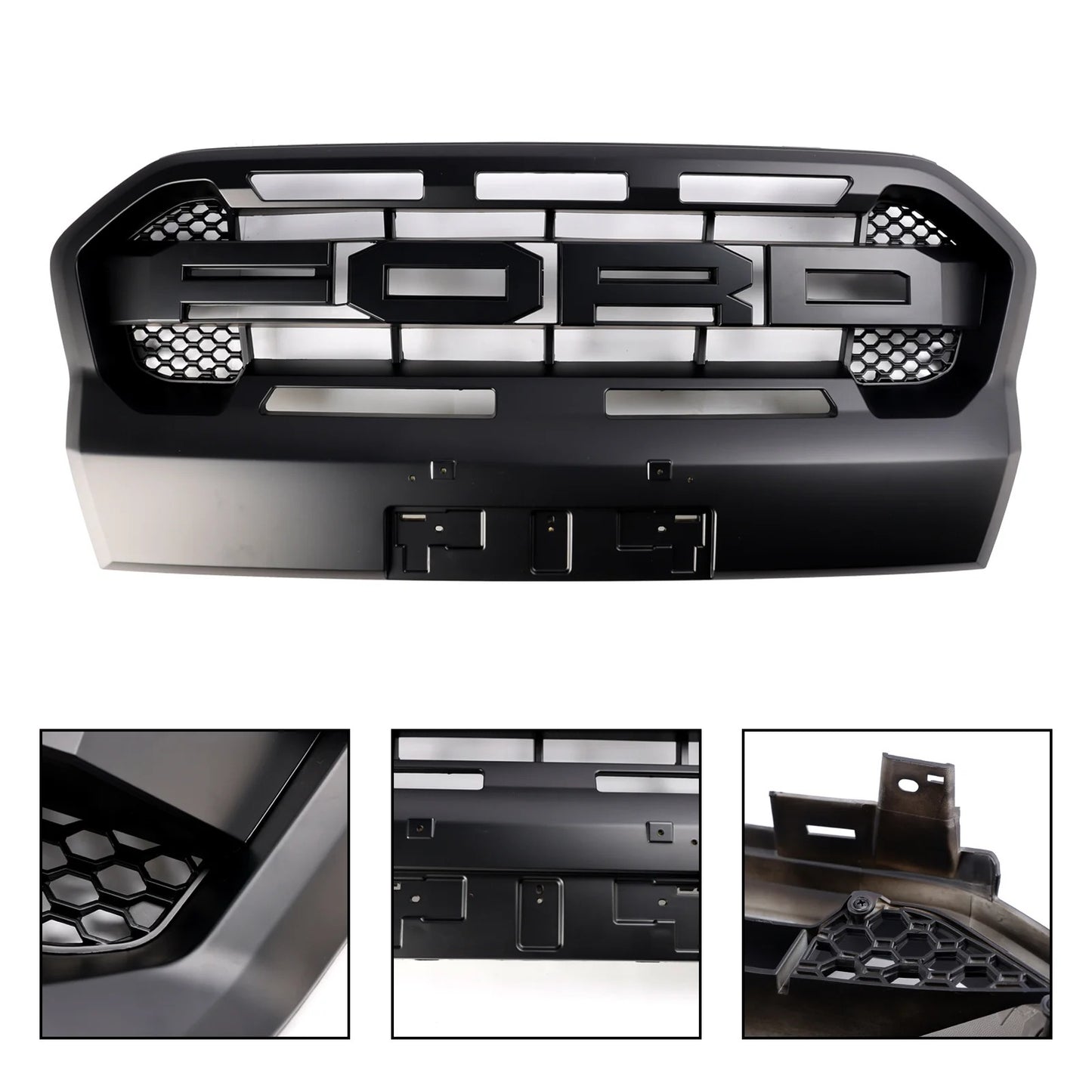 Aftermarket Raptor Style Honeycomb Black Front Grille w/ 3 White LED Lights for Ford Ranger 2019–2023