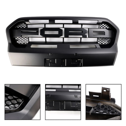 Aftermarket Raptor Style Honeycomb Black Front Grille w/ 3 White LED Lights for Ford Ranger 2019–2023