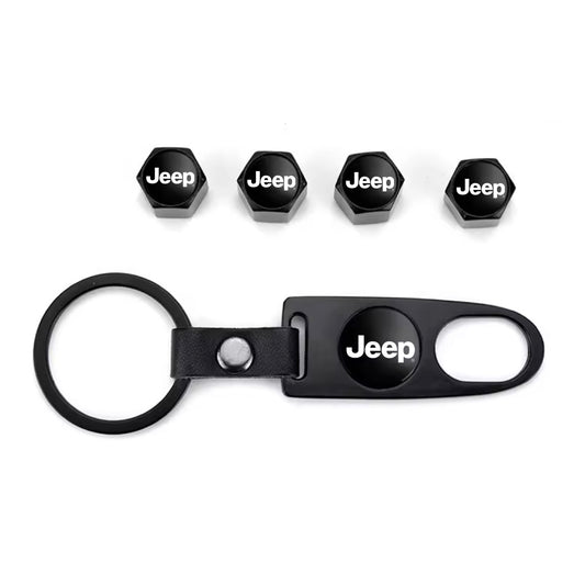 Jeep Black Keychain & Tire Valve Cap Set Zinc Alloy Black Caps Kit
