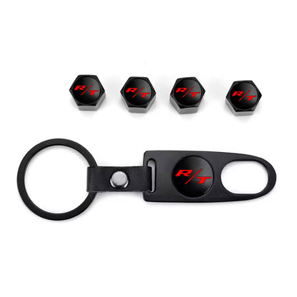 R/T Black Keychain & Tire Valve Caps Set Zinc Alloy Black Cap Kit