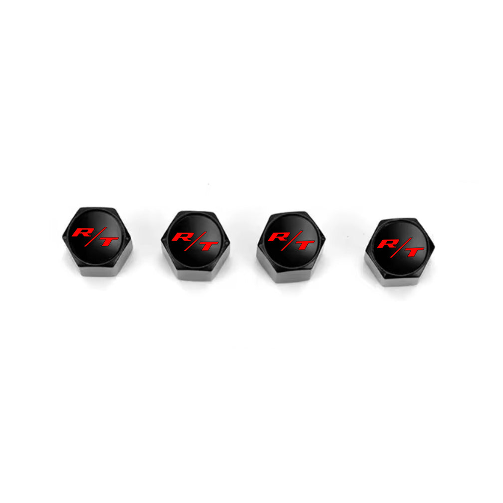 R/T Black Keychain & Tire Valve Caps Set Zinc Alloy Black Cap Kit