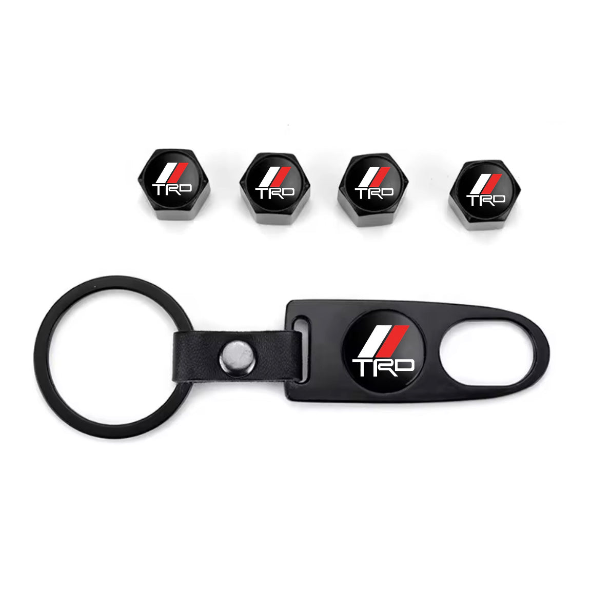 TRD Style Black Keychain & Valve Cap Bundle – Aluminum Tire Valve Caps + Keychain Set